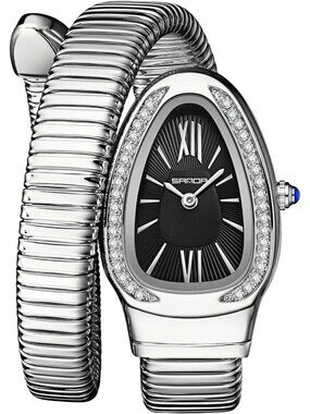 Women's Silver Black Elegant Wrap Around Bangle Fashion Snake Cuff Wrist Watches